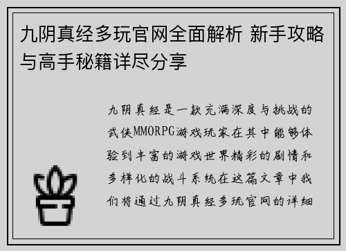 九阴真经多玩官网全面解析 新手攻略与高手秘籍详尽分享